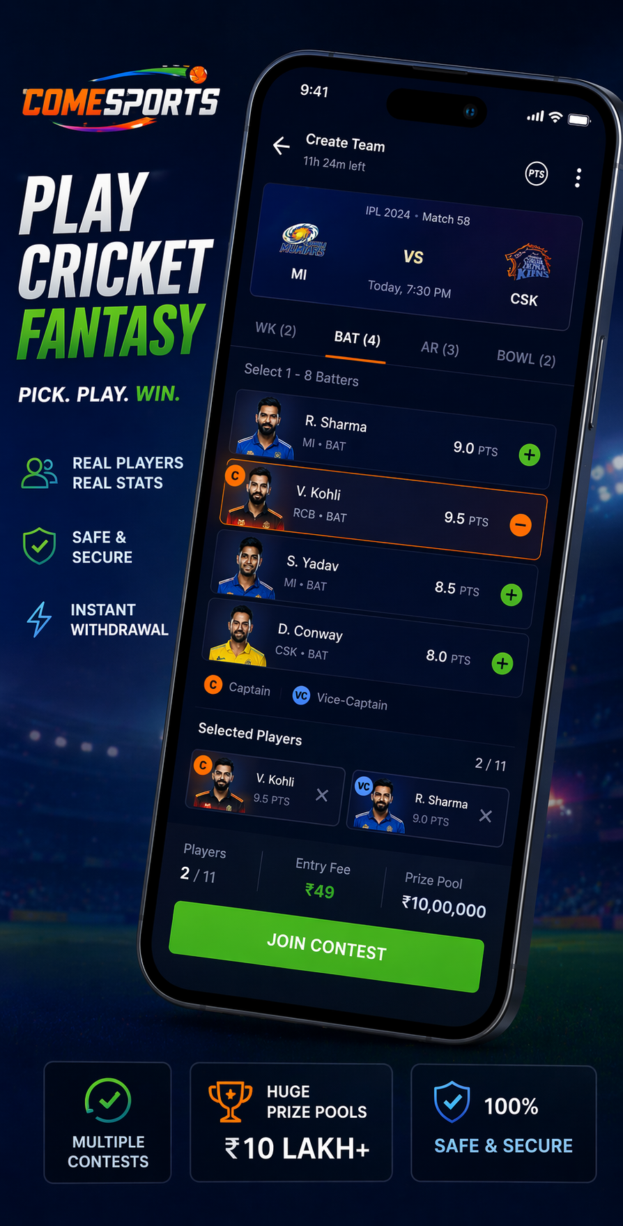 Come App Pro cricket fantasy visual